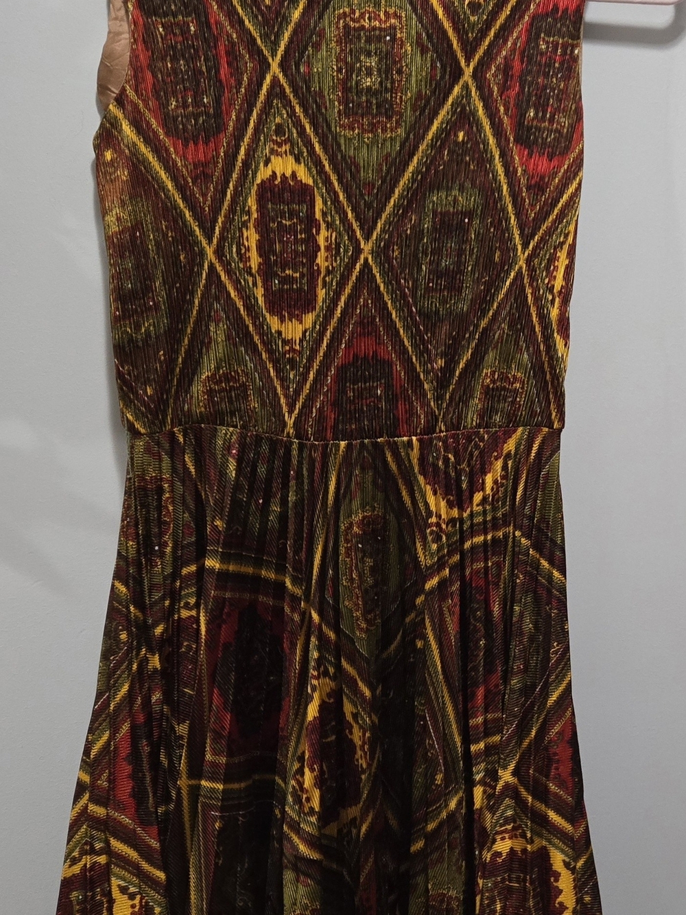 Vintage 70s Pleated Midi Dress in Brown & Gold - Picture 2 of 8